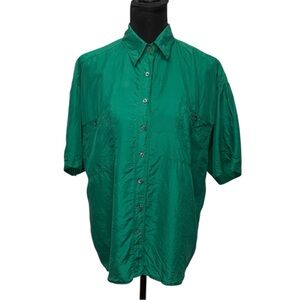 TR Bentley Vibrant Green Silk Button Down Shirt with Short Sleeves. Vintage Silk